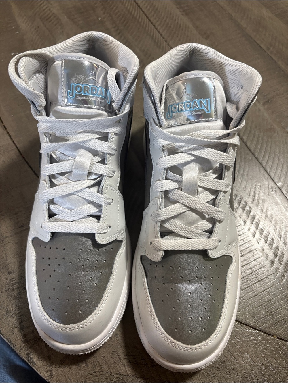 Jordan Mid-Top Sneakers in White and Gray with Silver Tongue Patch